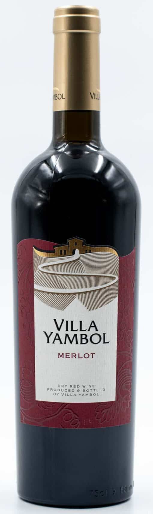 Láhev Villa Yambol Merlot – elegantní bulharské červené víno s rubínovým odstínem.